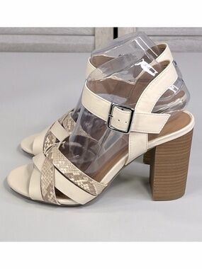 TORRID Caged Front Stacked Heel Sandals Bone/Snakeskin-8W